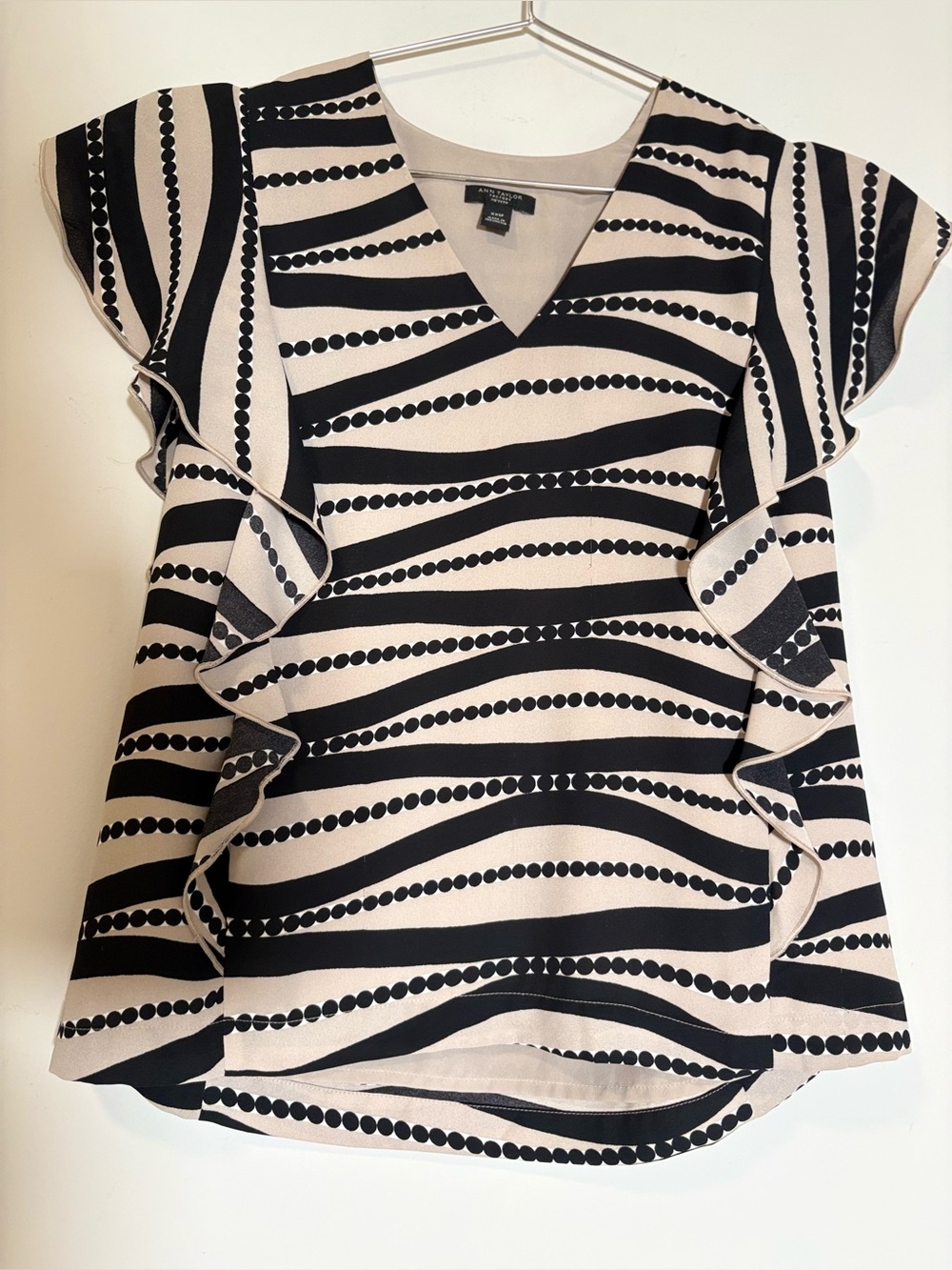Ann Taylor Factory Petite Black Striped Ruffle Blouse – XXSP